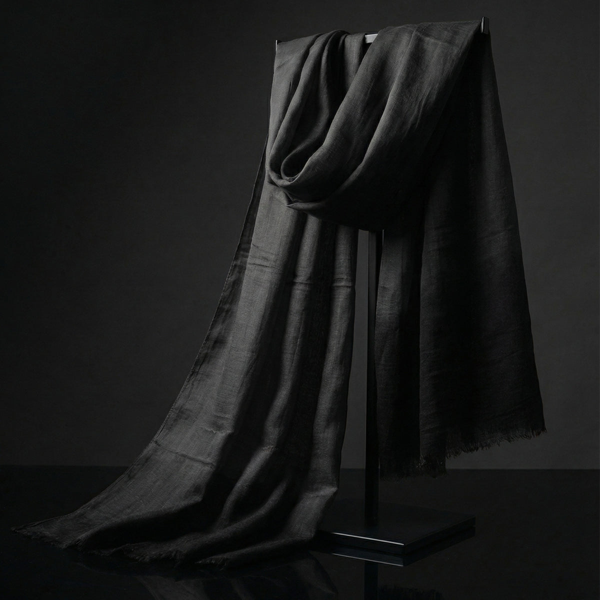 Lightweight Smoke Black Tagelmust crafted in sustainably sourced rayon fabric, breathable Moroccan desert headscarf designed for Sahara travel, safari protection, and hot climate exploration.