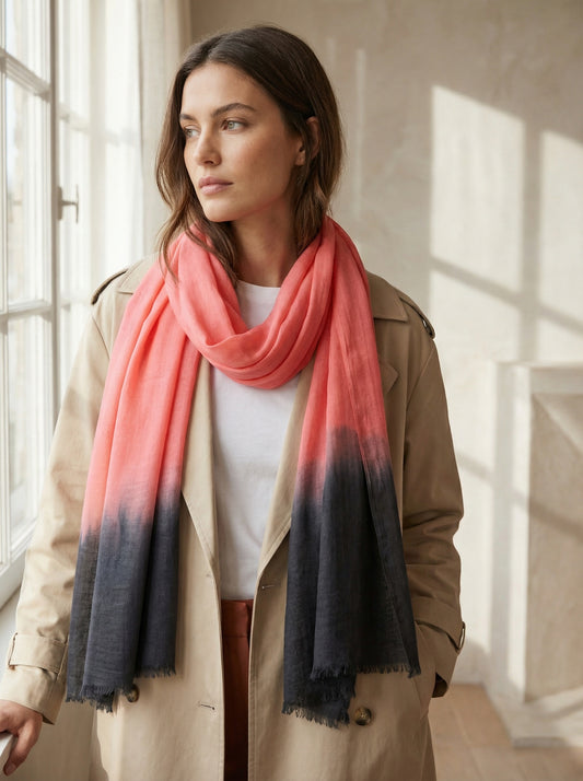 Rose Tagelmust styled as a lightweight safari scarf for women, Touareg inspired Moroccan shawl for warm desert climates.