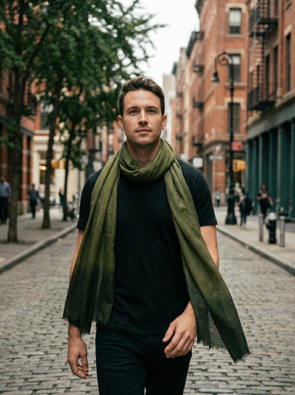 Man wearing Dyed Dark Moss Green Tagelmust as a breathable desert headscarf, sustainably sourced rayon travel scarf built for Sahara and Safari trekking, dust protection, and hot weather overlanding.
