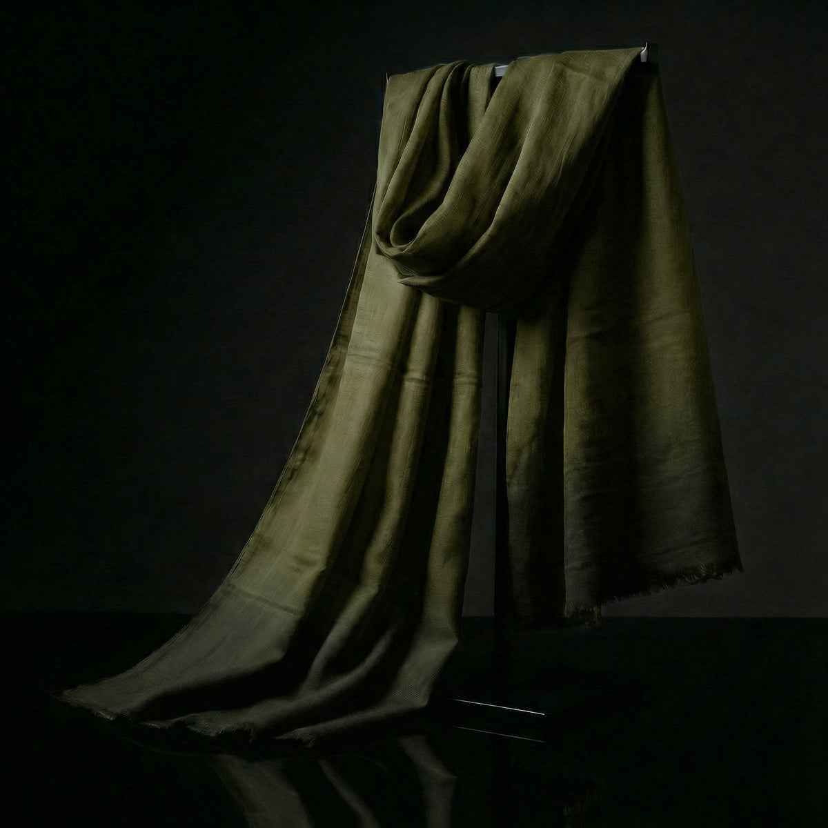 Dark moss green Moroccan scarf crafted in soft rayon fabric, a versatile lightweight desert travel scarf. Ideal safari scarf for sun and dust defense.
